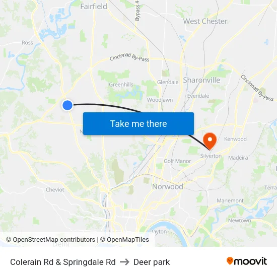 Colerain Rd & Springdale Rd to Deer park map