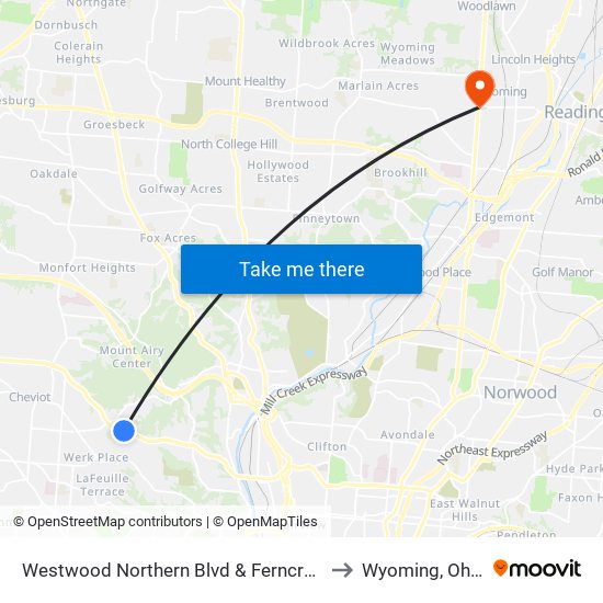 Westwood Northern Blvd & Ferncroft to Wyoming, Ohio map