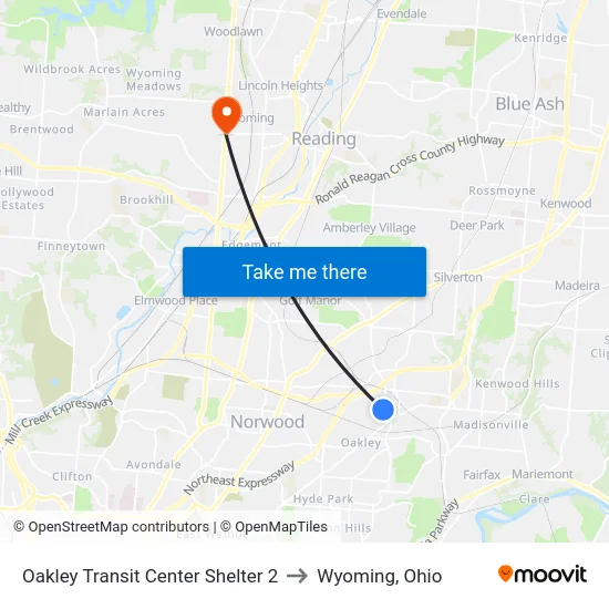 Oakley Transit Center Shelter 2 to Wyoming, Ohio map