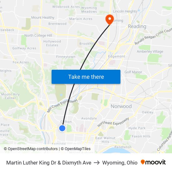 Martin Luther King Dr & Dixmyth Ave to Wyoming, Ohio map