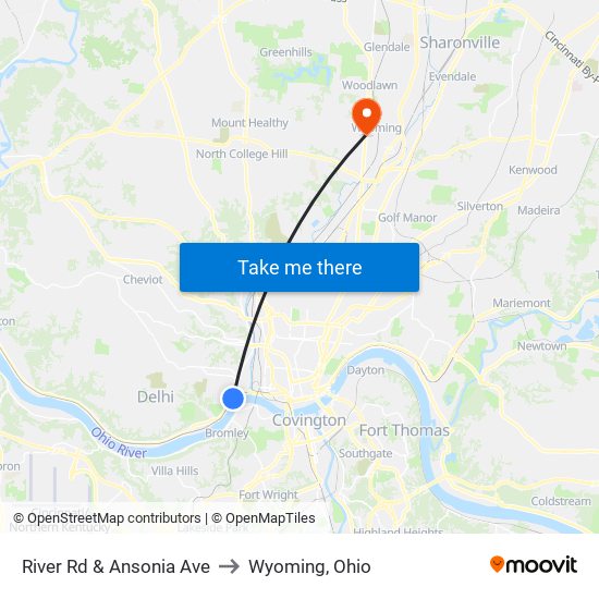 River Rd & Ansonia Ave to Wyoming, Ohio map