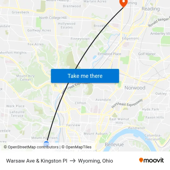 Warsaw Ave & Kingston Pl to Wyoming, Ohio map
