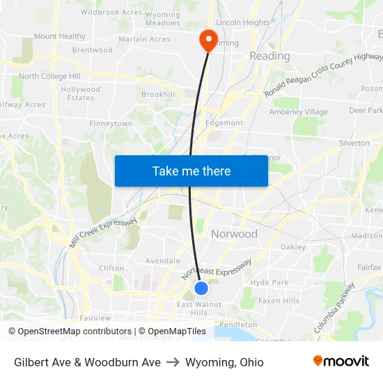 Gilbert Ave & Woodburn Ave to Wyoming, Ohio map
