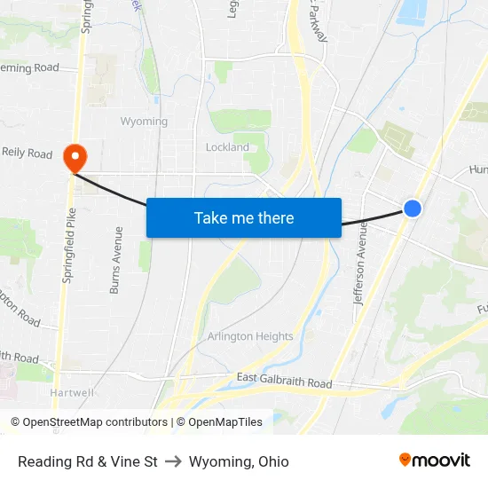 Reading Rd & Vine St to Wyoming, Ohio map