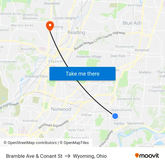 Bramble Ave & Conant St to Wyoming, Ohio map