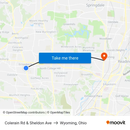 Colerain Rd & Sheldon Ave to Wyoming, Ohio map