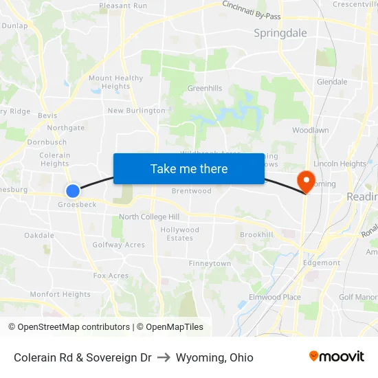 Colerain Rd & Sovereign Dr to Wyoming, Ohio map