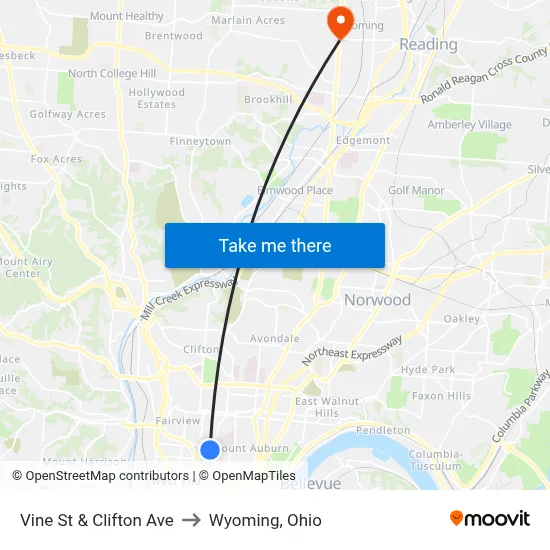 Vine St & Clifton Ave to Wyoming, Ohio map