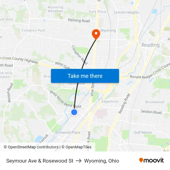 Seymour Ave & Rosewood St to Wyoming, Ohio map