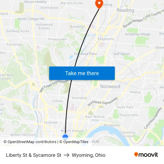 Liberty St & Sycamore St to Wyoming, Ohio map