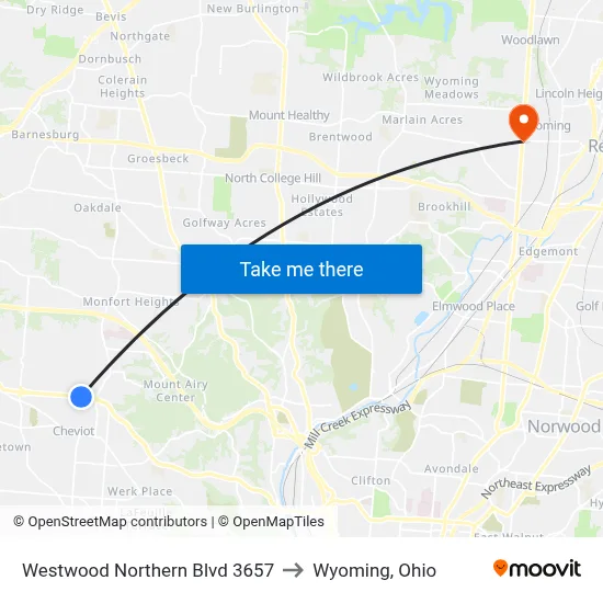 Westwood Northern Blvd 3657 to Wyoming, Ohio map