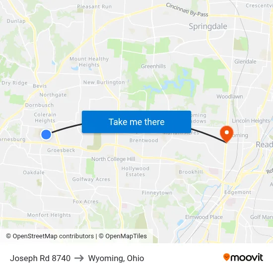 Joseph Rd 8740 to Wyoming, Ohio map