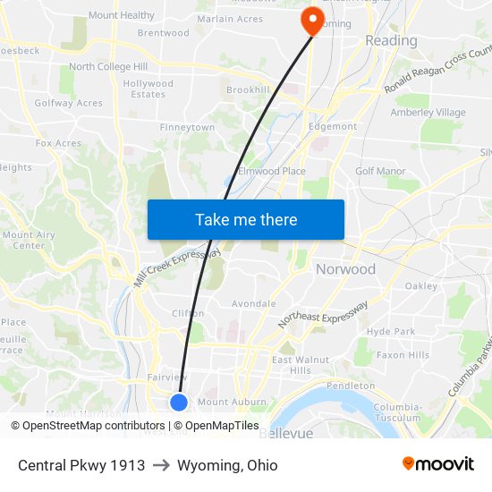 Central Pkwy 1913 to Wyoming, Ohio map