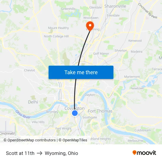 Scott at 11th to Wyoming, Ohio map