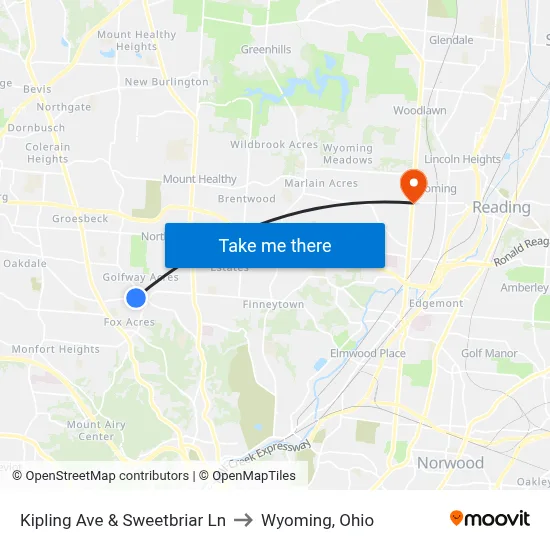 Kipling Ave & Sweetbriar Ln to Wyoming, Ohio map