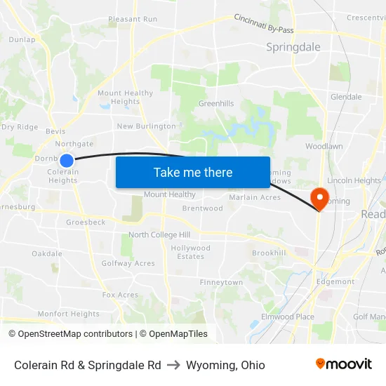 Colerain Rd & Springdale Rd to Wyoming, Ohio map