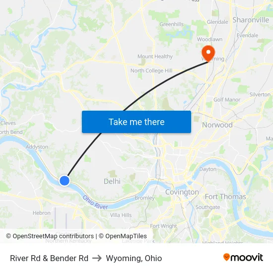 River Rd & Bender Rd to Wyoming, Ohio map
