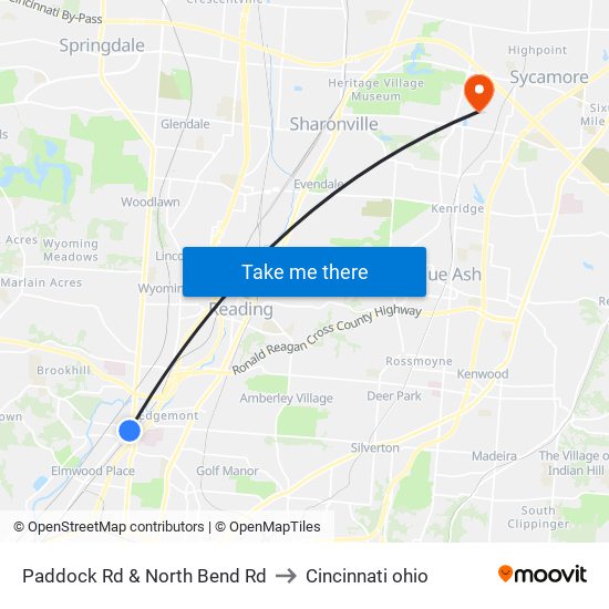 Paddock Rd & North Bend Rd to Cincinnati ohio map