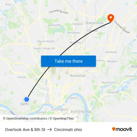 Overlook Ave & 8th St to Cincinnati ohio map