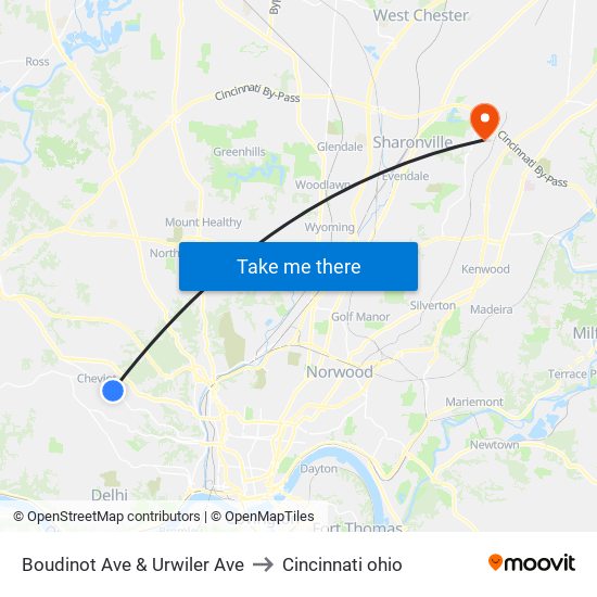 Boudinot Ave & Urwiler Ave to Cincinnati ohio map