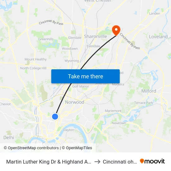 Martin Luther King Dr & Highland Ave to Cincinnati ohio map