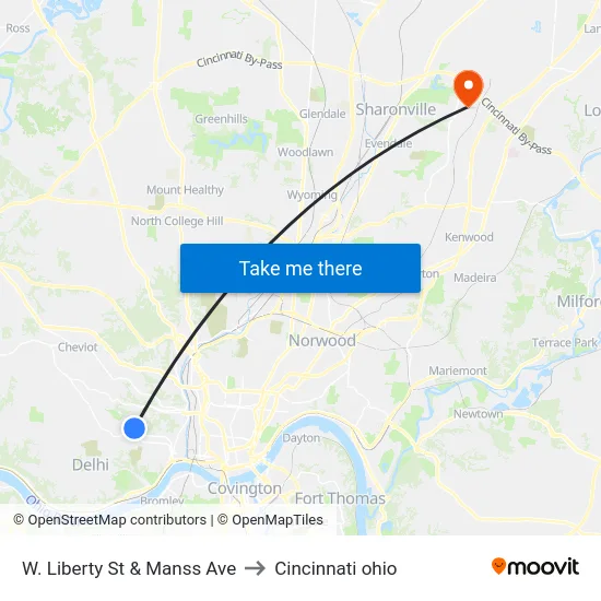 W. Liberty St & Manss Ave to Cincinnati ohio map