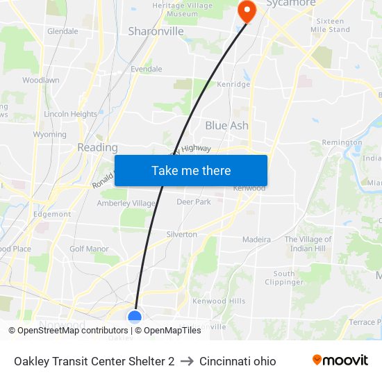 Oakley Transit Center Shelter 2 to Cincinnati ohio map