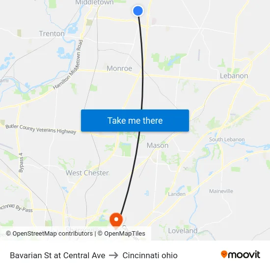 Bavarian St at Central Ave to Cincinnati ohio map