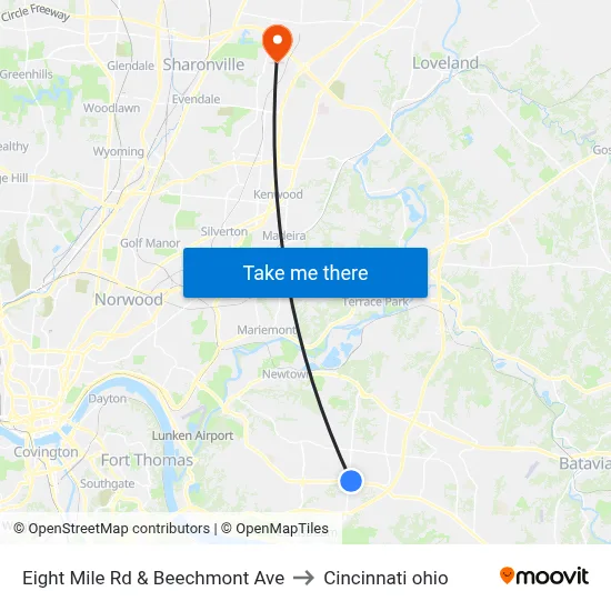 Eight Mile Rd & Beechmont Ave to Cincinnati ohio map