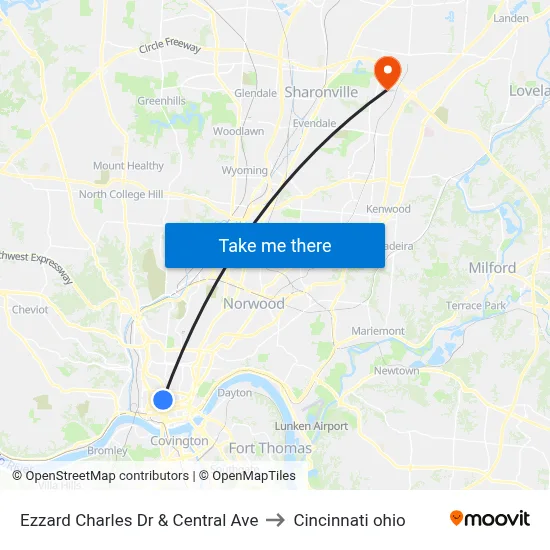 Ezzard Charles Dr & Central Ave to Cincinnati ohio map