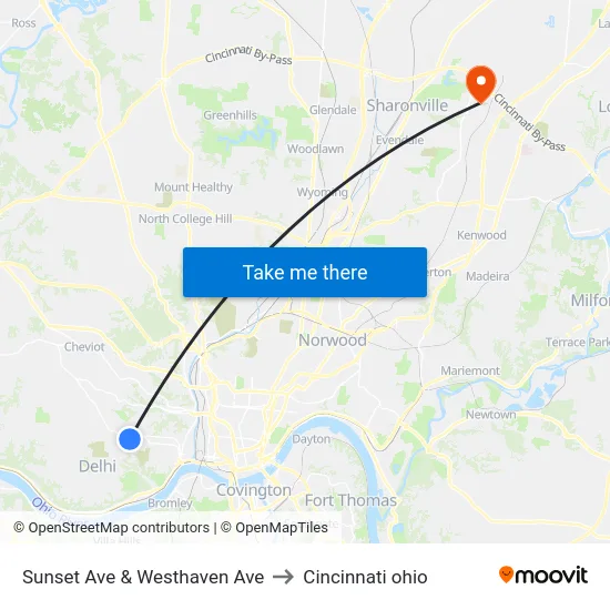 Sunset Ave & Westhaven Ave to Cincinnati ohio map