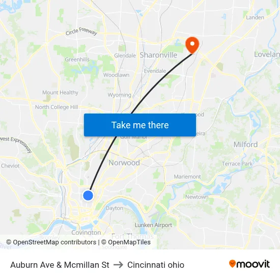 Auburn Ave & Mcmillan St to Cincinnati ohio map