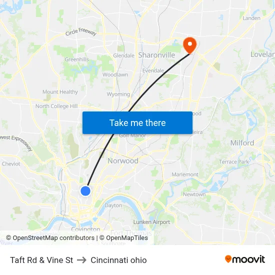 Taft Rd & Vine St to Cincinnati ohio map