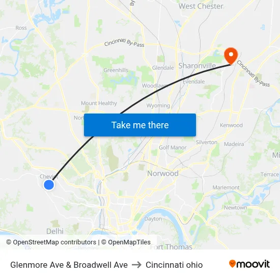 Glenmore Ave & Broadwell Ave to Cincinnati ohio map