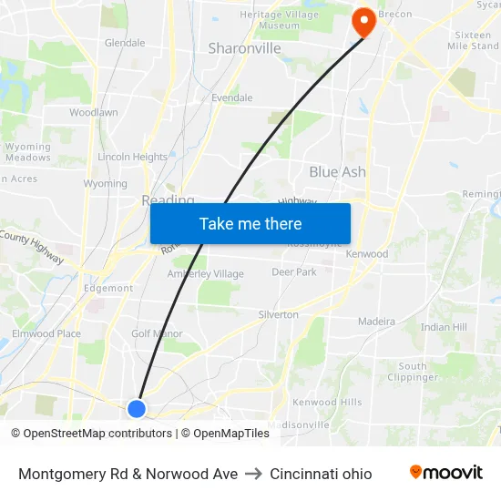 Montgomery Rd & Norwood Ave to Cincinnati ohio map