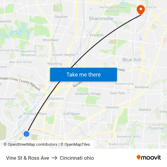 Vine St & Ross Ave to Cincinnati ohio map
