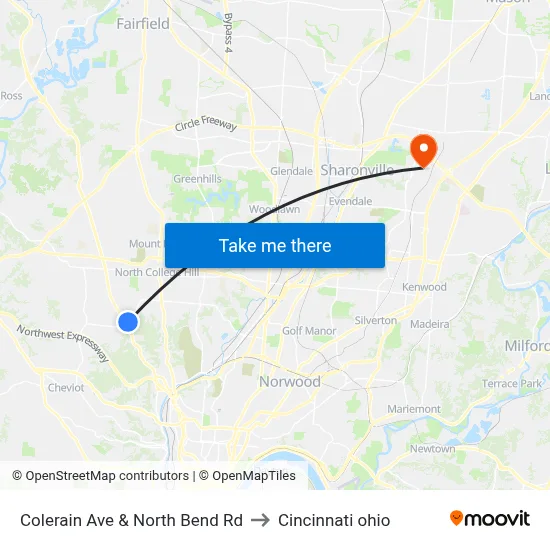 Colerain Ave & North Bend Rd to Cincinnati ohio map
