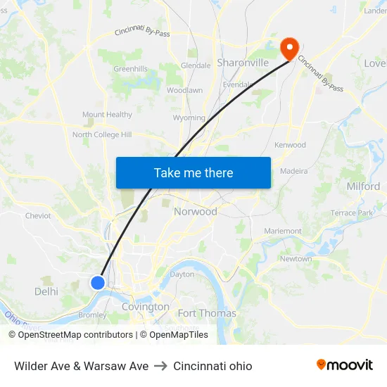 Wilder Ave & Warsaw Ave to Cincinnati ohio map