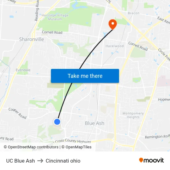 UC Blue Ash to Cincinnati ohio map