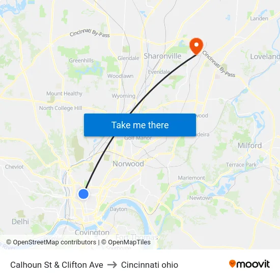 Calhoun St & Clifton Ave to Cincinnati ohio map
