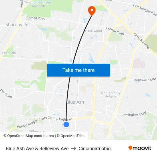 Blue Ash Ave & Belleview Ave to Cincinnati ohio map