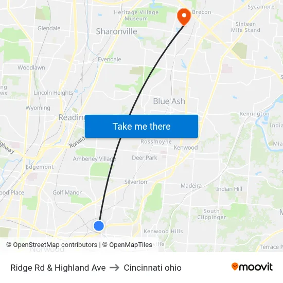 Ridge Rd & Highland Ave to Cincinnati ohio map