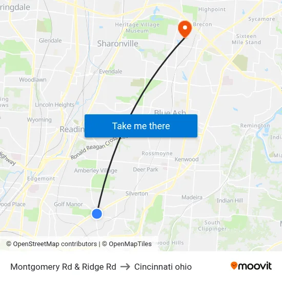 Montgomery Rd & Ridge Rd to Cincinnati ohio map