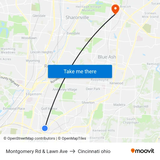 Montgomery Rd & Lawn Ave to Cincinnati ohio map