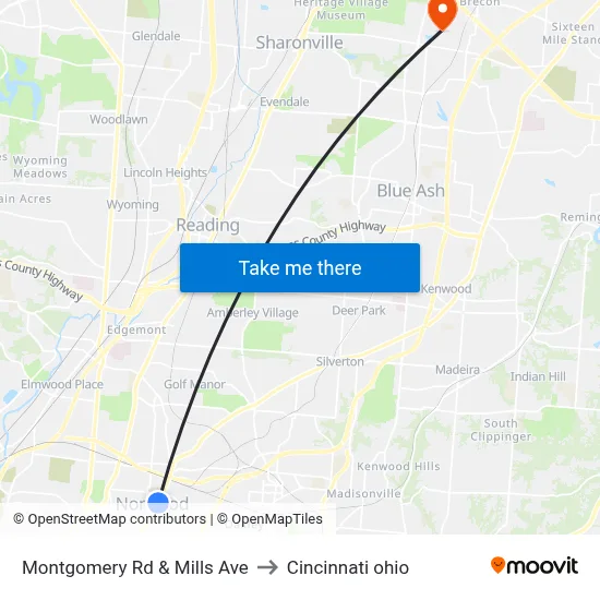 Montgomery Rd & Mills Ave to Cincinnati ohio map