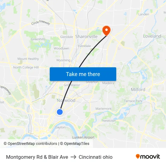 Montgomery Rd & Blair Ave to Cincinnati ohio map