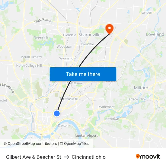 Gilbert Ave & Beecher St to Cincinnati ohio map
