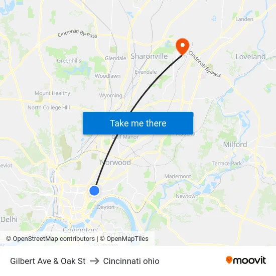 Gilbert Ave & Oak St to Cincinnati ohio map