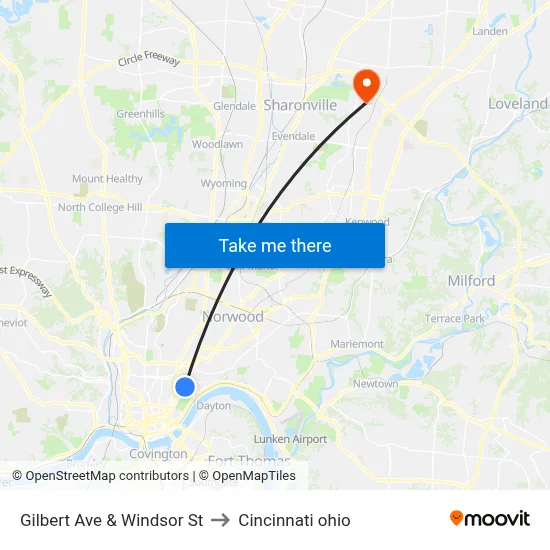 Gilbert Ave & Windsor St to Cincinnati ohio map