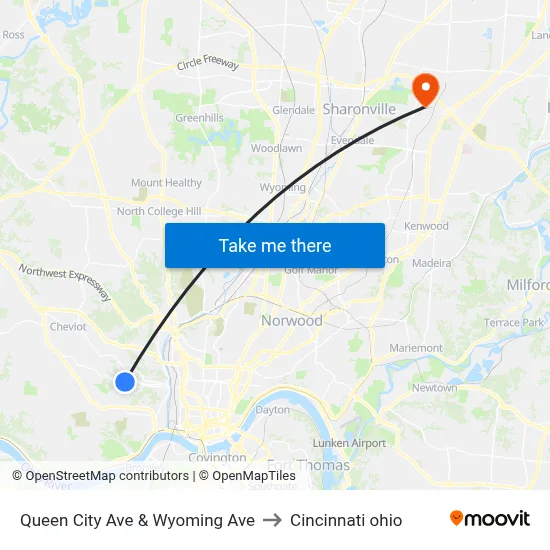 Queen City Ave & Wyoming Ave to Cincinnati ohio map
